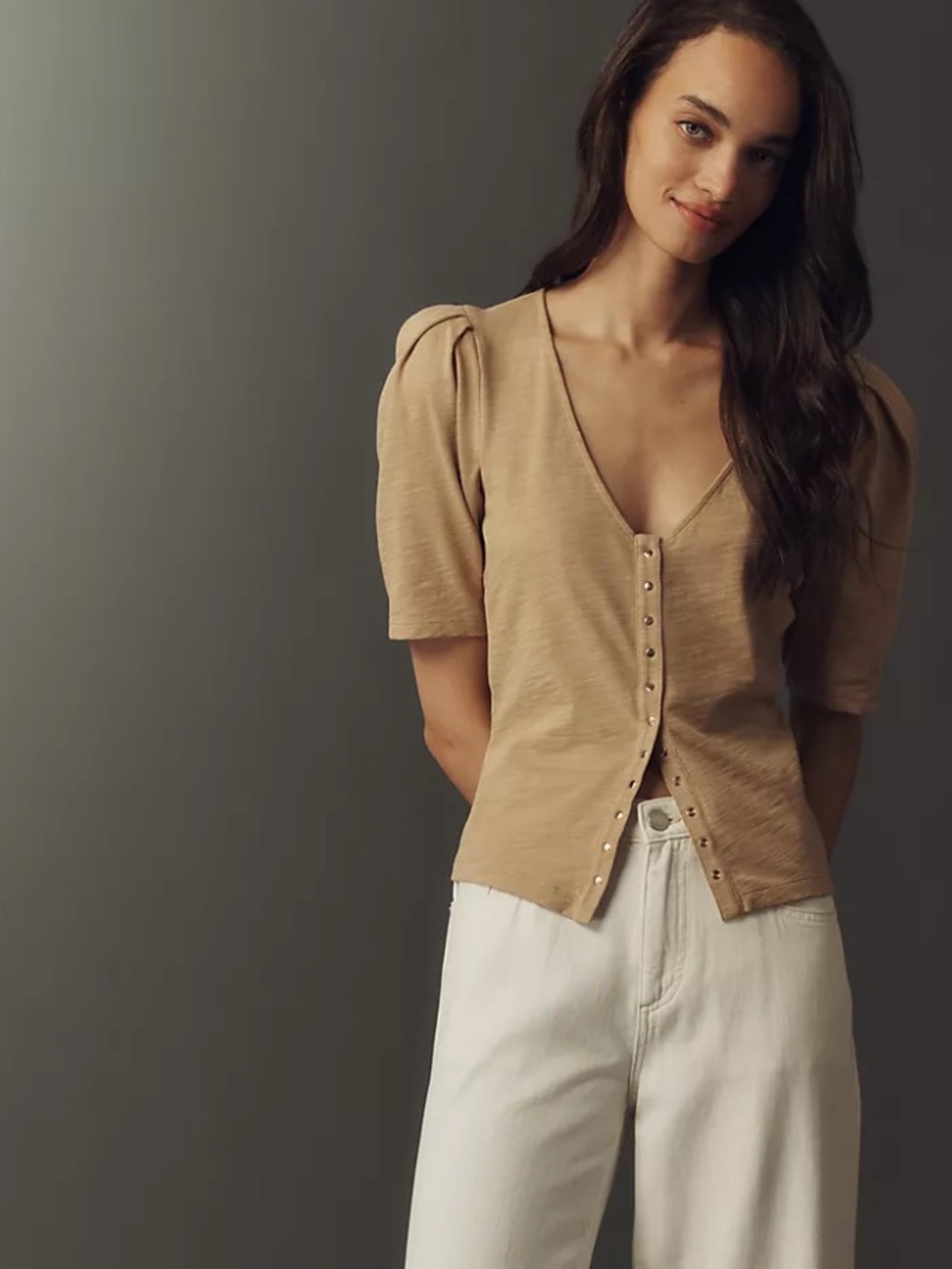 NWT Nation LA 100% Cotton Jen Gold Button Down Puff Sleeve Top in Toffee